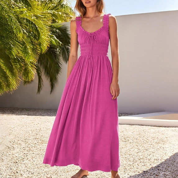 Women Summer Dresses Sleeveless Casual Loose Swing Button Down Midi Dress