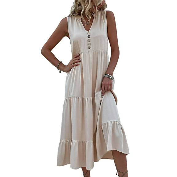 Women Summer Dresses Sleeveless Solid Color Casual Loose Swing Button Down Maxi Dress Beach Vacation Sundress (Apricot,Small)