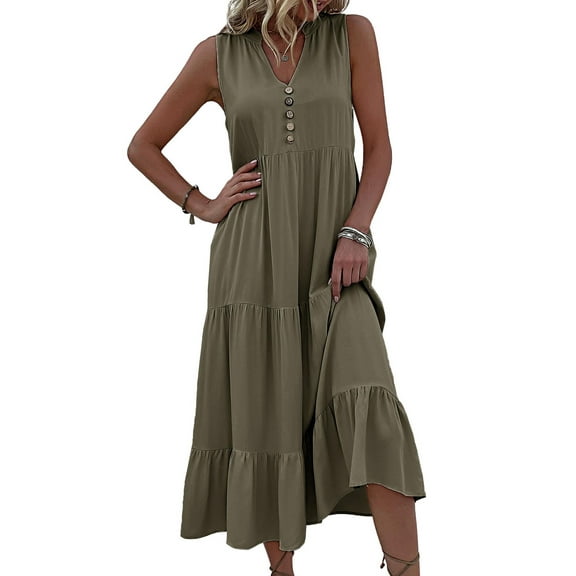 Women Summer Dresses Sleeveless Solid Color Casual Loose Swing Button Down Maxi Dress Beach Vacation Sundress (Army Green,Small)