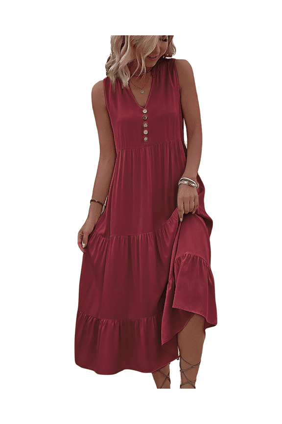 Women Summer Dresses Sleeveless Solid Color Casual Loose Swing Button Down Maxi Dress Beach Vacation Sundress (Wine red,Large)