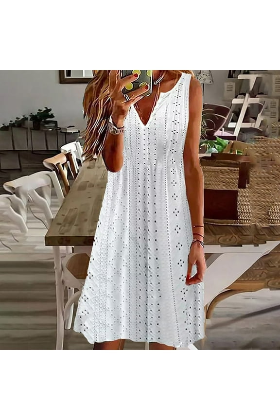Women Summer Dresses Solid Color Sleeveless Casual Loose Swing Midi Dress