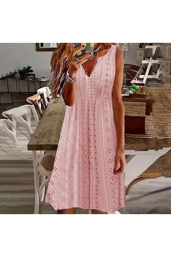 Women Summer Dresses Solid Color Sleeveless Casual Loose Swing Midi Dress