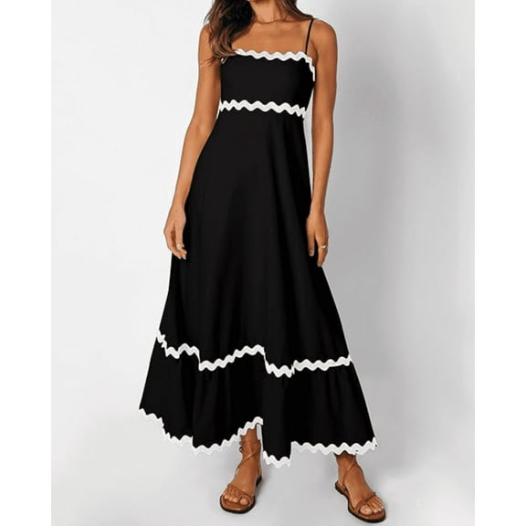 Women Summer Dresses Spaghetti Straps Sleeveless Smocked Rickrack Trim Boho Flowy Loose A-Line Midi Dress