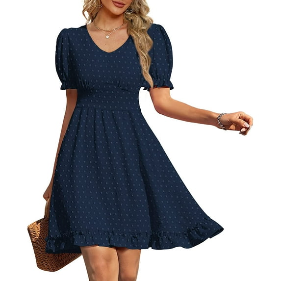 Women Summer Dresses V Neck Short Sleeve Swiss Dot Mini Dress with Pockets