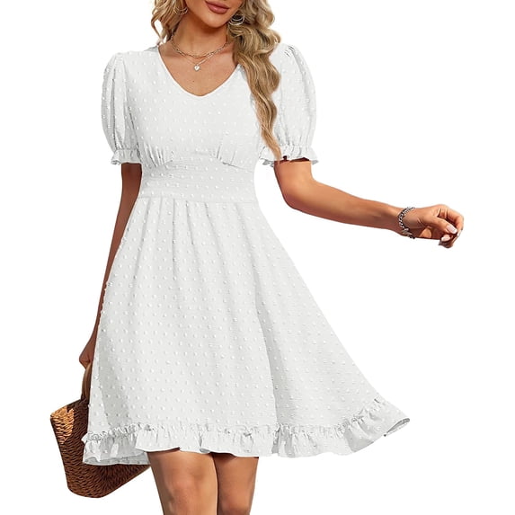 Women Summer Dresses V Neck Short Sleeve Swiss Dot Mini Dress with Pockets