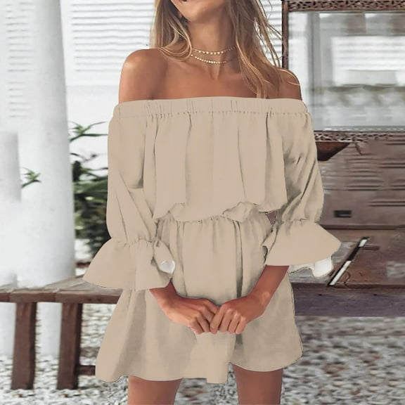 Women Summer Dresses Vintage Print Beach Sexy Off Shoulder Tunic Summer Dresses Casual Loose Fit Sleeve Mini Dress Casual Fall Dress Long Sleeve Womens Swing Dress Knee Length Dress Wrap Maxi Dress