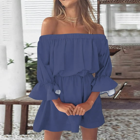 Women Summer Dresses Vintage Print Beach Sexy Off Shoulder Tunic Summer Dresses Casual Loose Fit Sleeve Mini Dress Casual Fall Dress Long Sleeve Womens Swing Dress Knee Length Dress Wrap Maxi Dress