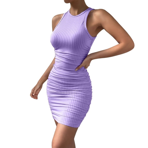 Women Summer Dresses, Women Dresses,Women's Sleeveless Round Neck Pleated Bodycon Dress Stretchy Elastic Fit Casual Summer Flowy Comfortable Fashionable Trendy Outfit