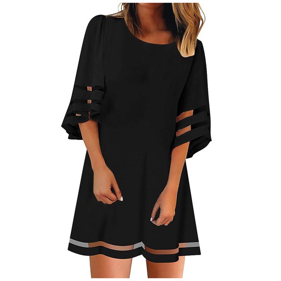 Women Summer Dresses, Women'S Dresses,Women's Casual V Neck Loose Dress Fashion 3/4 Sleeve Blouse Panel Mesh Comfortable Stylish Summer Outfit