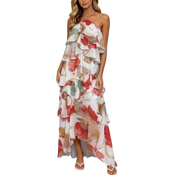 Women Summer Dresses Women's Elegant Off Shoulder Chiffon Floral Dress Floral Print Halter Neck Sleeveless Long Sleek Evening Gown with Flowing for Occasions Beach Vacation Red L