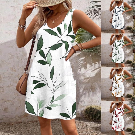 Women Summer Dresses Women's Summer Dresses Women's Summer Fashion Pocket Printing Sleeveless V-Neck Dress Red XL