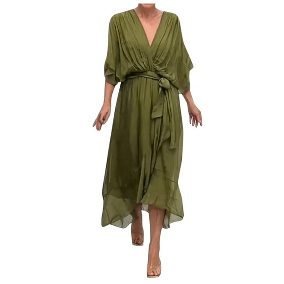 Women Summer Dresses,plus size formal dresses for women,Women Summer Bohemian Casual Midi Dress Stylish Elegant A Line Pleated V Neck Ruffle Cap Sleeve Sun Dress for Daily Wear and