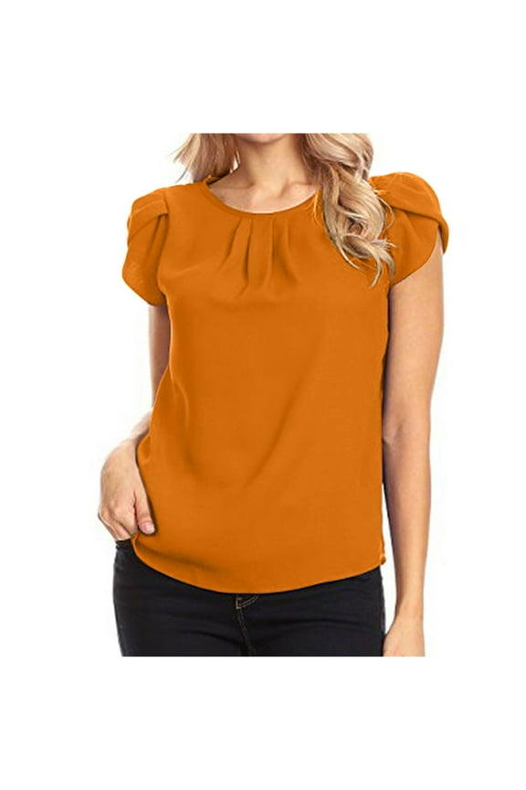 Women Summer Dressy Blouses Pleated Petal Cap Short Sleeve Shirts Elegant Casual Loose Fit Tunic Blouse Business Tees Orange L