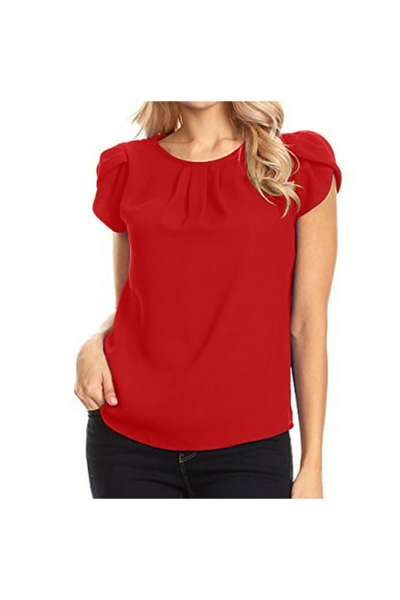 Women Summer Dressy Blouses Pleated Petal Cap Short Sleeve Shirts Elegant Casual Loose Fit Tunic Blouse Business Tees Red XXXL
