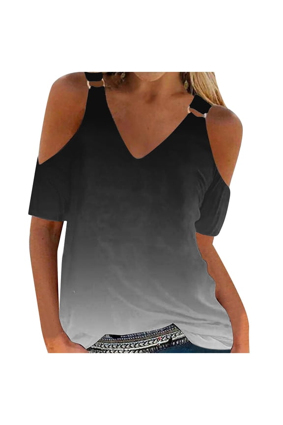Women Summer Dressy T-Shirt Cold Shoulder Pullover Blouse V-Neck Short Sleeve Solid Tops(Gray,L)