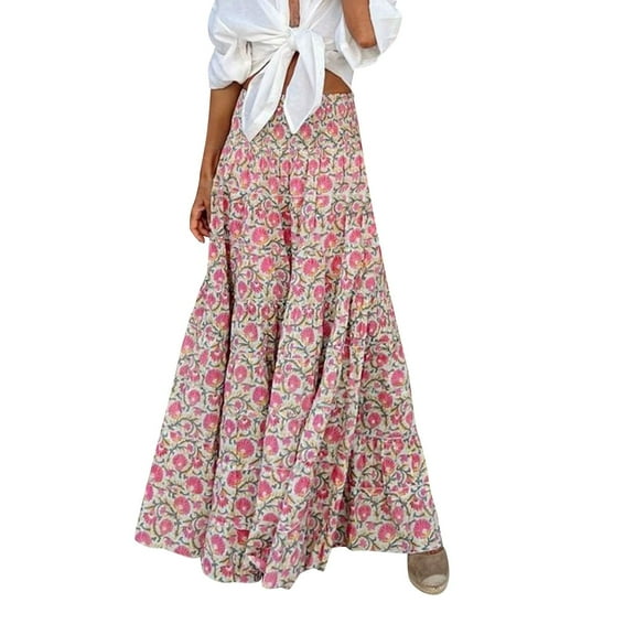 Women Summer Elastic High Waist Boho Maxi Skirt Casual Drawstring A-Line Long Skirt Club Basic Leisure Dailywear