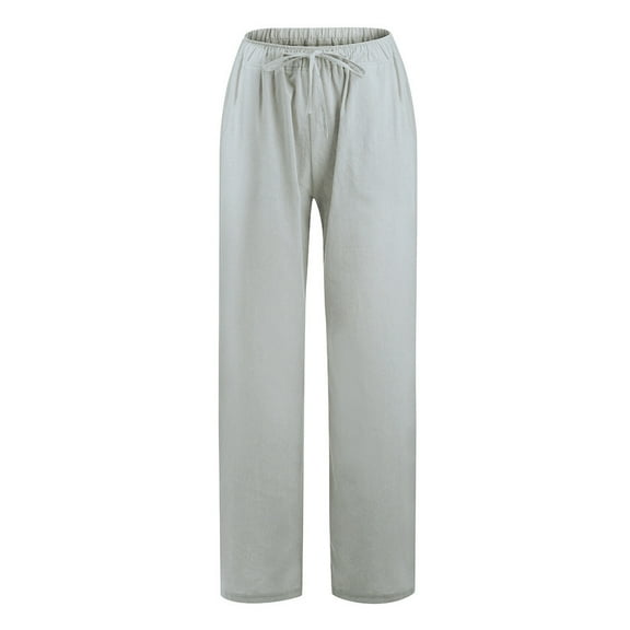 Women Summer Elastic Waist Drawstring Cotton Linen Palazzo Pants Wide Leg Long Lounge Beach Pant Trousers with Pocket