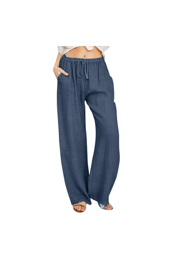 Women Summer Elastic Waist Drawstring Cotton Linen Palazzo Pants Wide Leg Long Lounge Beach Pant Trousers with Pocket