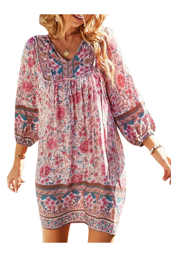 Women Summer Elegant Boho Floral Printed Dress 3/4 Sleeve V Neck Loose Casual Flowy Beach Mini Dresses