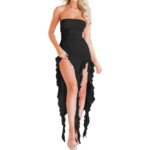 Women Summer Elegant Strapless Tube Midi Bodycon Dresses Irregular Ruffle Tassel Party Dress Black L