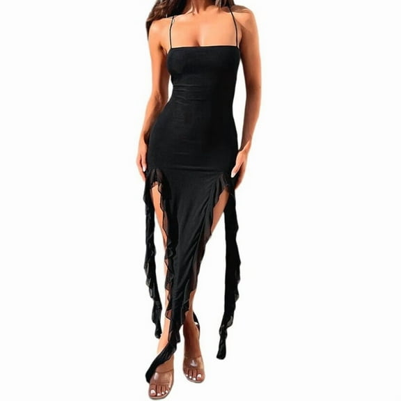 Women Summer Elegant Strapless Tube Midi Bodycon Dresses Irregular Ruffle Tassel Party Dress Black L