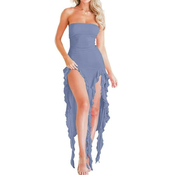 Women Summer Elegant Strapless Tube Midi Bodycon Dresses Irregular Ruffle Tassel Party Dress Blue L