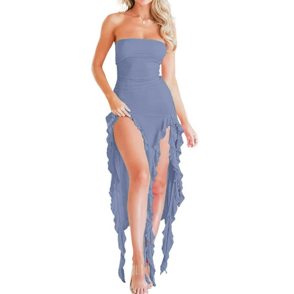 Women Summer Elegant Strapless Tube Midi Bodycon Dresses Irregular Ruffle Tassel Party Dress Blue M