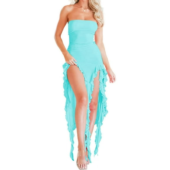Women Summer Elegant Strapless Tube Midi Bodycon Dresses Irregular Ruffle Tassel Party Dress Light Blue S