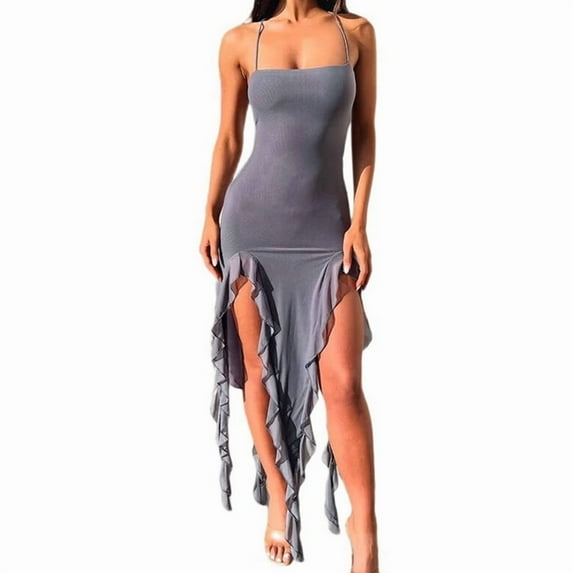 Women Summer Elegant Strapless Tube Midi Bodycon Dresses Irregular Ruffle Tassel Party Dress Light Gray L