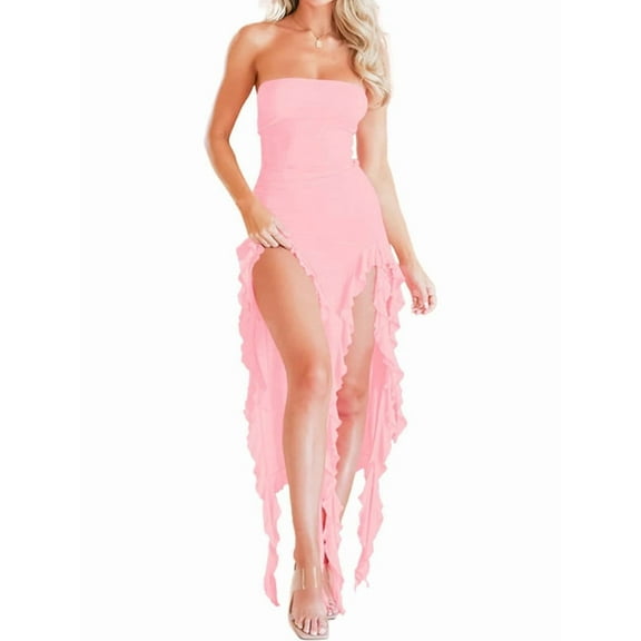 Women Summer Elegant Strapless Tube Midi Bodycon Dresses Irregular Ruffle Tassel Party Dress Pink S