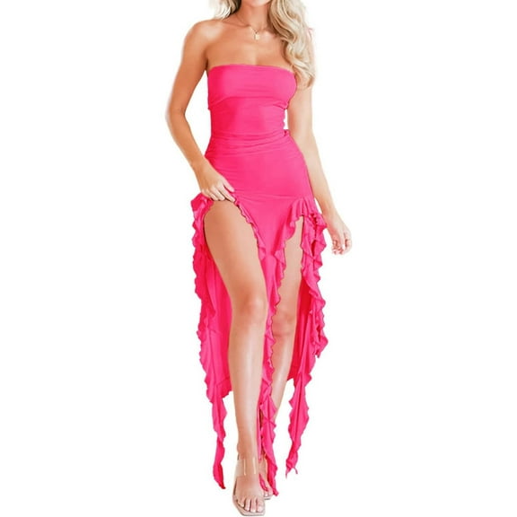 Women Summer Elegant Strapless Tube Midi Bodycon Dresses Irregular Ruffle Tassel Party Dress Rose Red S