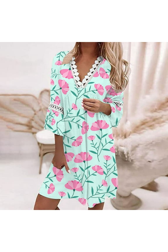 Women Summer Ethnic Style Lace Trim V Neck Floral Printing Three Quarter Sleeves Swing Dress Bohemian Mini Dress Dress for Women for Summer Casual Dresses Midi Linen Midi Dress Petite Maxi Dresses for