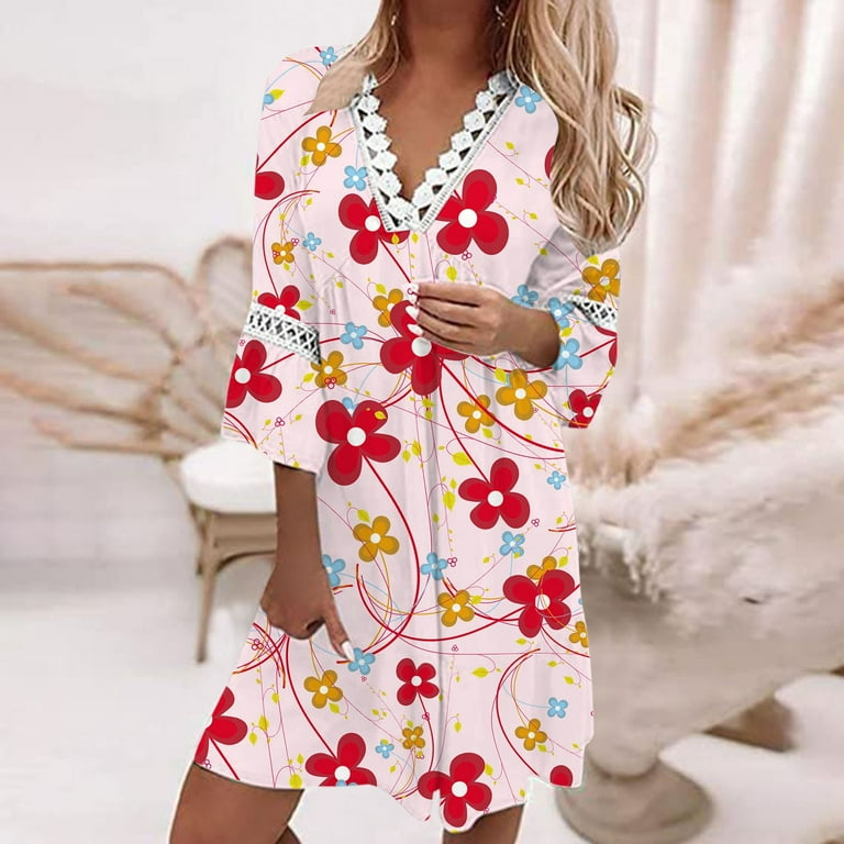 Women Summer Ethnic Style Lace Trim V Neck Floral Printing Three Quarter  Sleeves Swing Dress Bohemian Mini Dress Dress for Women for Summer Casual  Dresses Midi Linen Midi Dress Petite Maxi Dresses