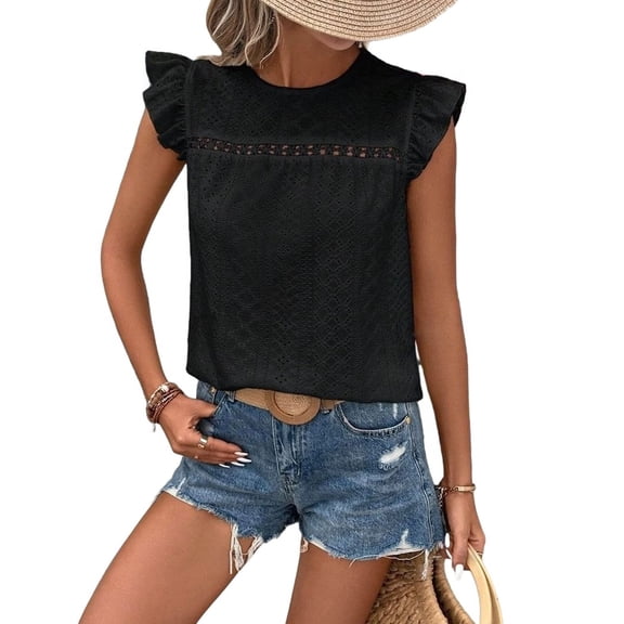 Women Summer Eyelet Tops Dressy Casual Crew Neck Ruffle Cap Sleeve Boho Shirts Lace Embroidered Blouses 2025 Black XXL