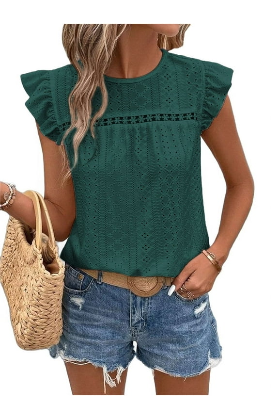 Women Summer Eyelet Tops Dressy Casual Crew Neck Ruffle Cap Sleeve Boho Shirts Lace Embroidered Blouses 2025 Dark green XL
