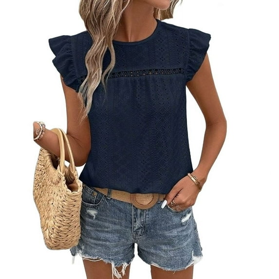 Women Summer Eyelet Tops Dressy Casual Crew Neck Ruffle Cap Sleeve Boho Shirts Lace Embroidered Blouses 2025 Navy blue XXL