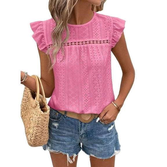 Women Summer Eyelet Tops Dressy Casual Crew Neck Ruffle Cap Sleeve Boho Shirts Lace Embroidered Blouses 2025 Pink L