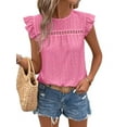 thumbnail image 1 of Women Summer Eyelet Tops Dressy Casual Crew Neck Ruffle Cap Sleeve Boho Shirts Lace Embroidered Blouses Pink XXL, 1 of 9