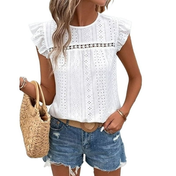 Women Summer Eyelet Tops Dressy Casual Crew Neck Ruffle Cap Sleeve Boho Shirts Lace Embroidered Blouses White XL