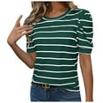 thumbnail image 1 of Women Summer Fashion Bubble Sleeve Striped T Shirt V Neck Soft Breathable Casual Wear, 1 of 4