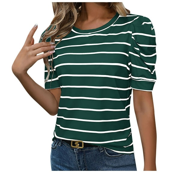 Women Summer Fashion Bubble Sleeve Striped T Shirt V Neck Soft Breathable Casual Wear