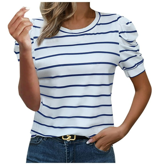 Women Summer Fashion Bubble Sleeve Striped T Shirt V Neck Soft Breathable Casual Wear