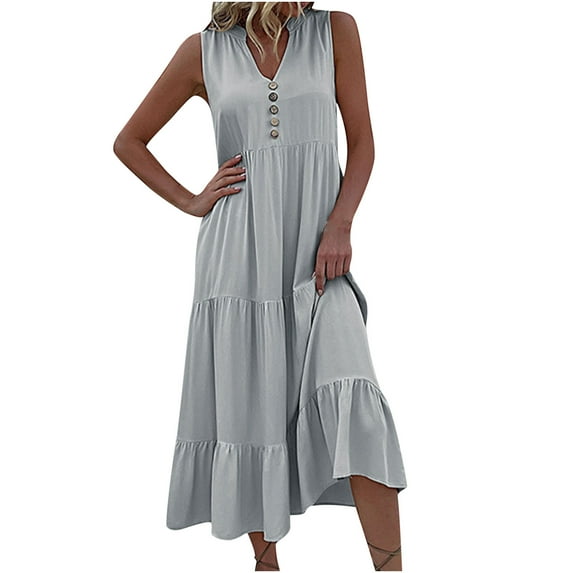 Women Summer Fashion Casual V Neck Sleeveless Dresses Loose Elegant Loose Dress