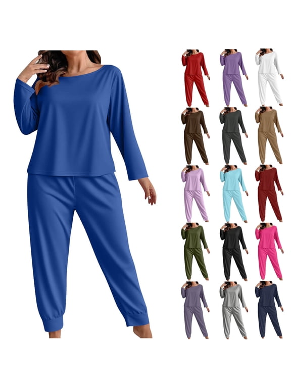 Women's Plus Size Pajama Set Fashionable Solid Color Long Sleeved Pants Casual Home Suit Set Womens Sleepwear Loungewear