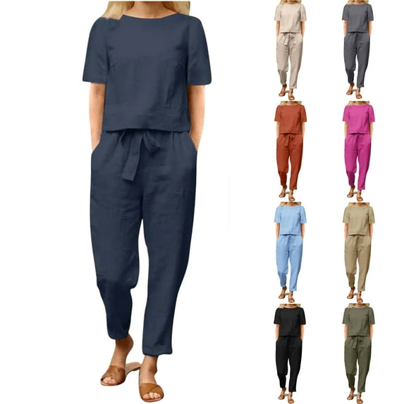 Women Summer Fashion Round Neck Short Sleeve Tops And Pants Casual Suit Sets