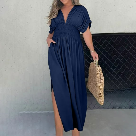 Women Summer Fashion Short Sleeve Vent Round-Neck Casual Dress