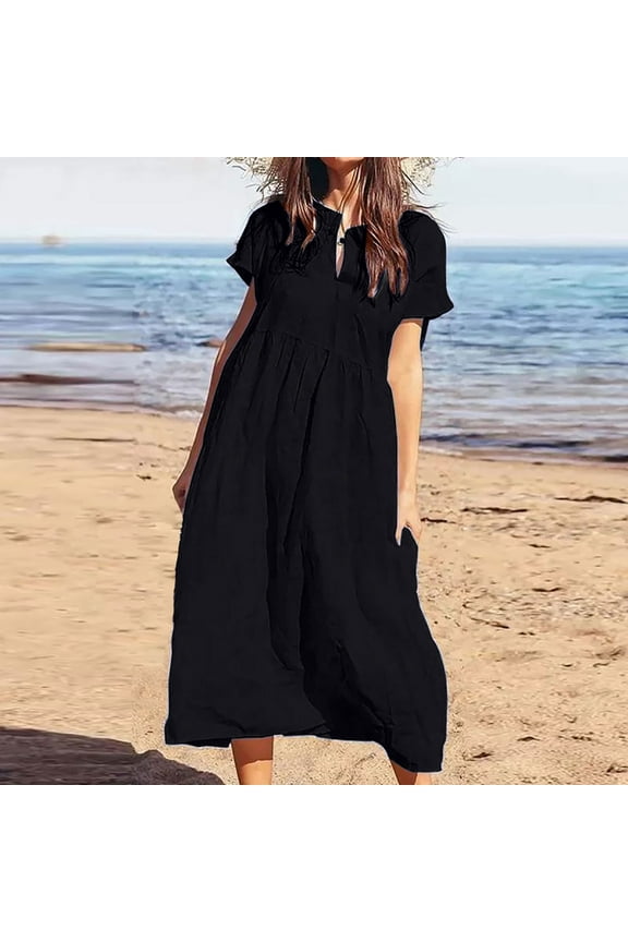 Women Summer Fashion Short Sleeve Vent Round-Neck Casual Print Dress