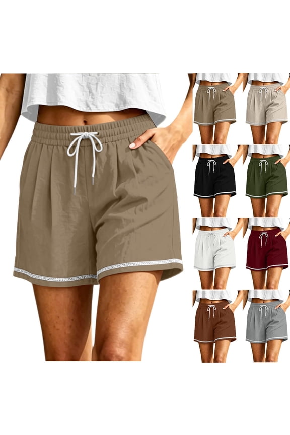 Women Summer Fashion Soft Fabric Shorts, Openwork Lace Trim Hem Open Bottom Cut, Functional Side Pockets Lightweight Breathable Solid Matrix, Summer Beachwear Daily Casual Travel Outing, | Velmuse