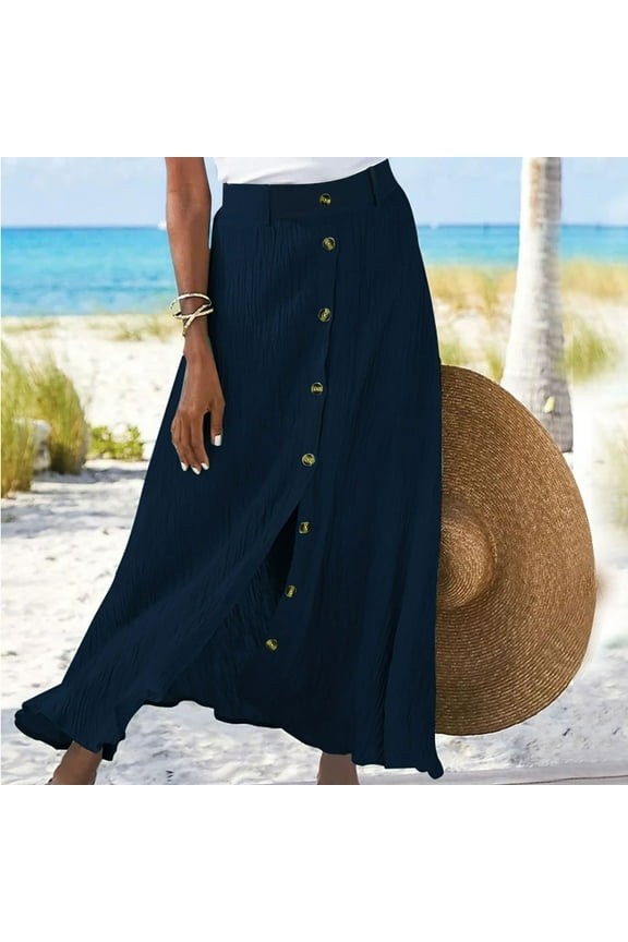 Women Summer Fashion Solid Skirt Mid Waist Long Dress Bohemian A-Line Button Skirts Work Dresses Women's 1950s Cloak Two-Piece Cocktail Dress Jeans Dresses For Women