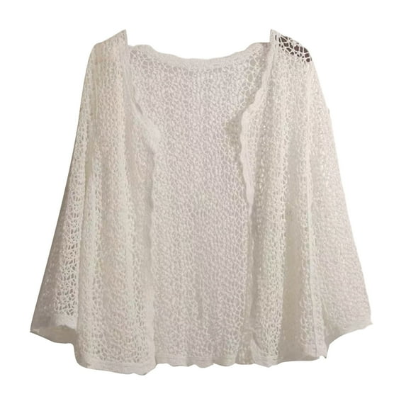 Women Summer Flare Long Sleeve Knitted Cardigan Hollow Out Crochet Mesh Net Open Front Cropped for Jacket Thin Lightweight Loose Beach Sweater Cover Up Top